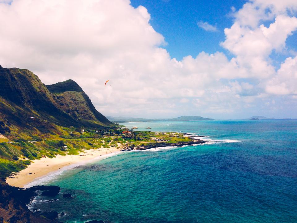 beach, sand, ocean, sea, water, tropical, vacation, mountains, rocks, cliffs, blue, sky, clouds, paradise, paragliding