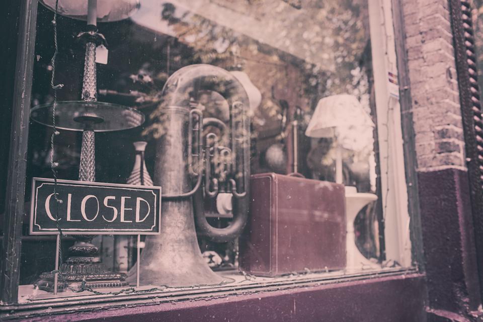 closed, store, shop, display, merchandise, tuba, instrument, luggage, suitcase, glass