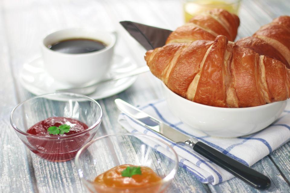 morning marmalade knife jam food cup croissants coffee breakfast bowls 