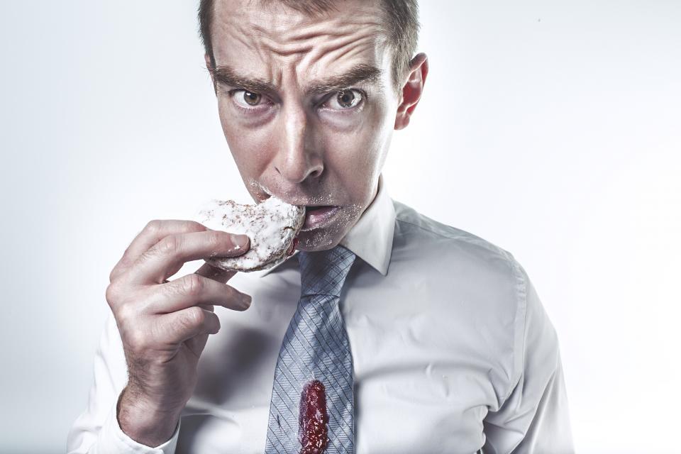 tie Stain people Messy man hand guy food face eating dressshirt donut dessert 