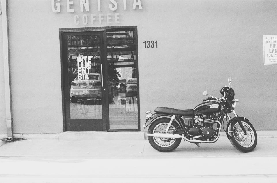wall sign motorcycle intelligentsia coffeeshop blackandwhite bike 