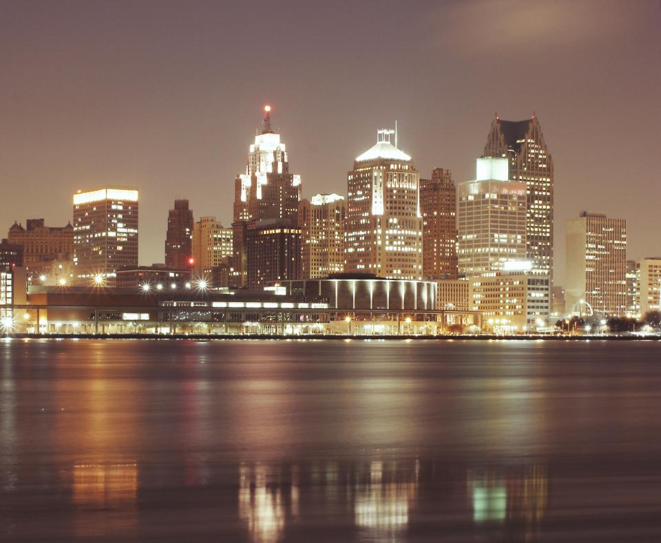 water view towers skyline sky rooftops night lights evening downtown detroit dark city buildings architecture 