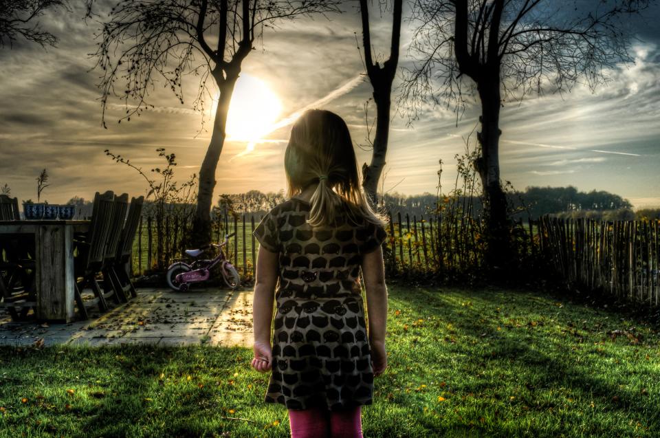 young trees sunset sky hdr grass girl fence clouds child bike backyard 