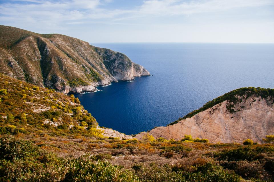 blue, sky, water, ocean, coast, hills, mountains, cliffs, grass, outdoors, view