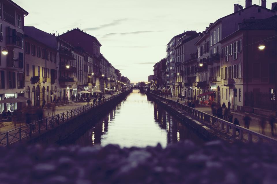 night, city, water, buildings, city, boardwalk, bridge, shops, stores, shutters, street lights