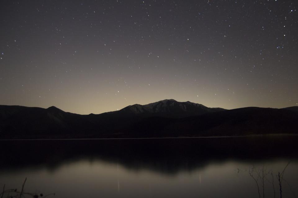 landscape, mountains, stars, sky, dark, night, evening, water, reflection