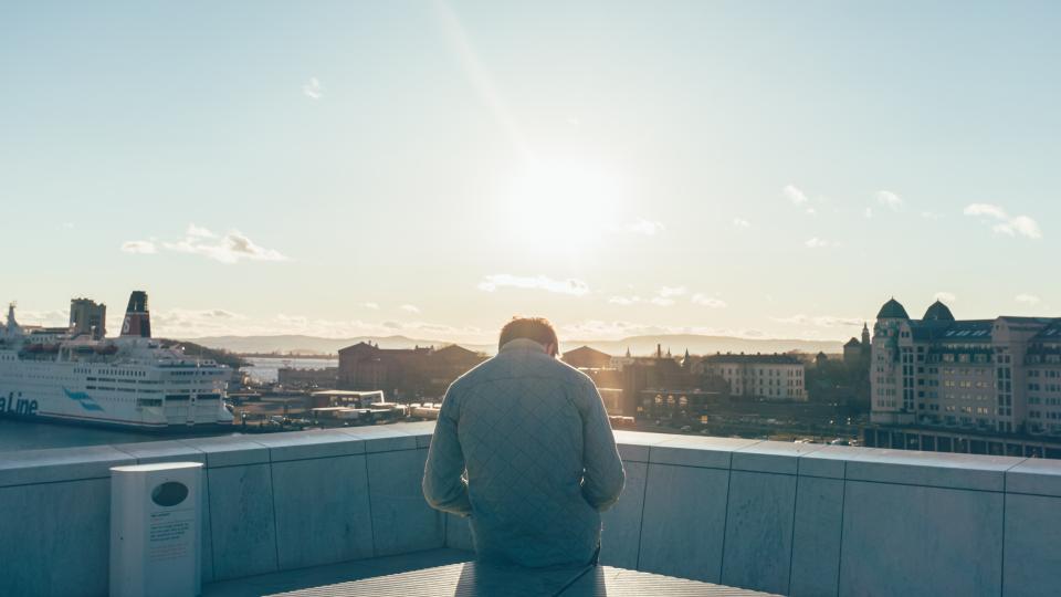 sunset, oslo, ferry, boat, ship, man, behind, city, sky, sunshine, buildings