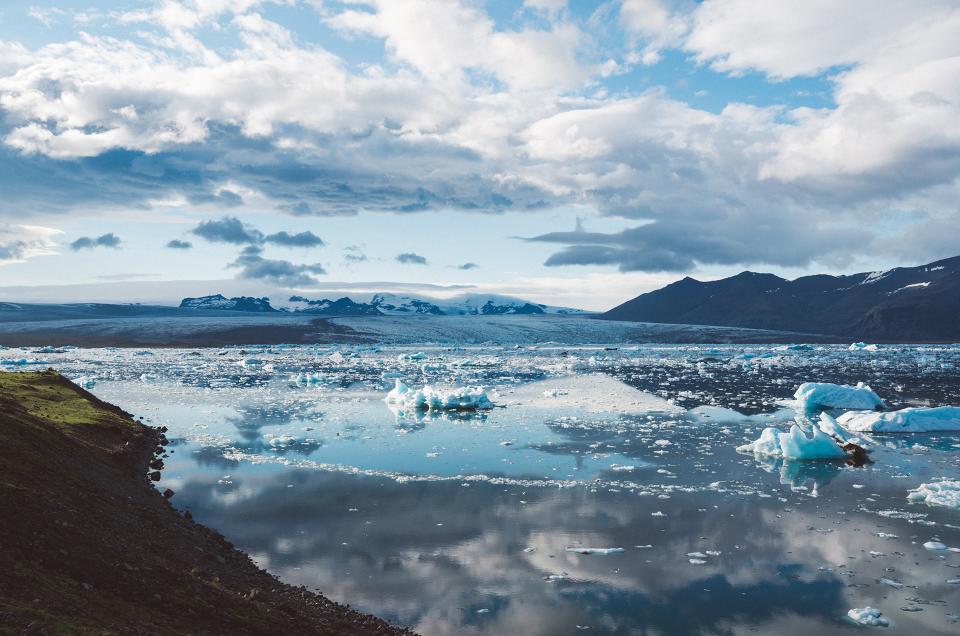 landscape, mountains, glaciers, ice, snow, water, reflection, sky, clouds