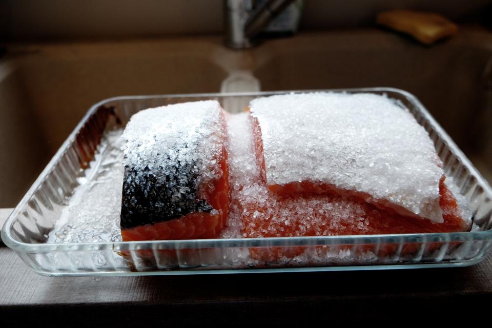 thaw salmon ice frozen food fish dish 