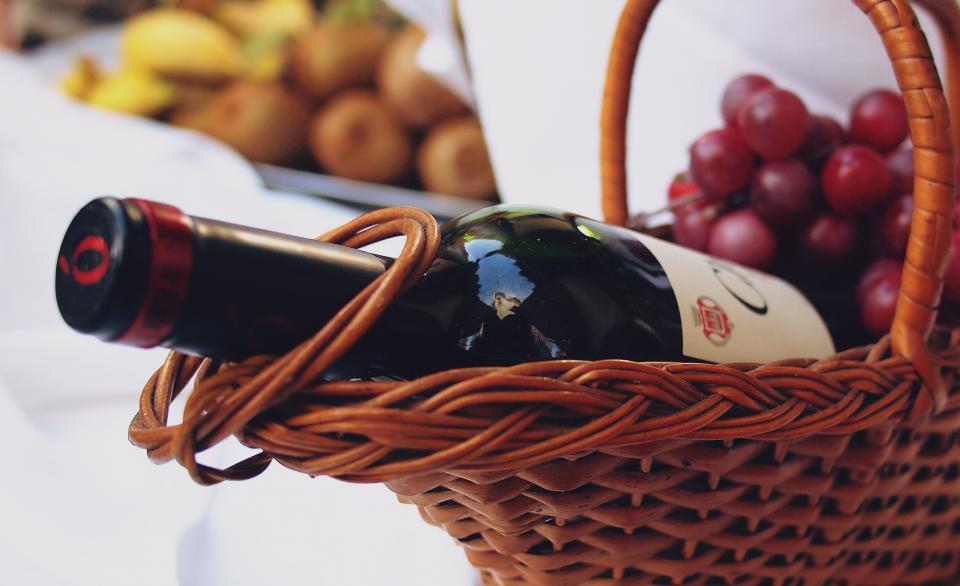 wine, bottle, grapes, basket, restaurant