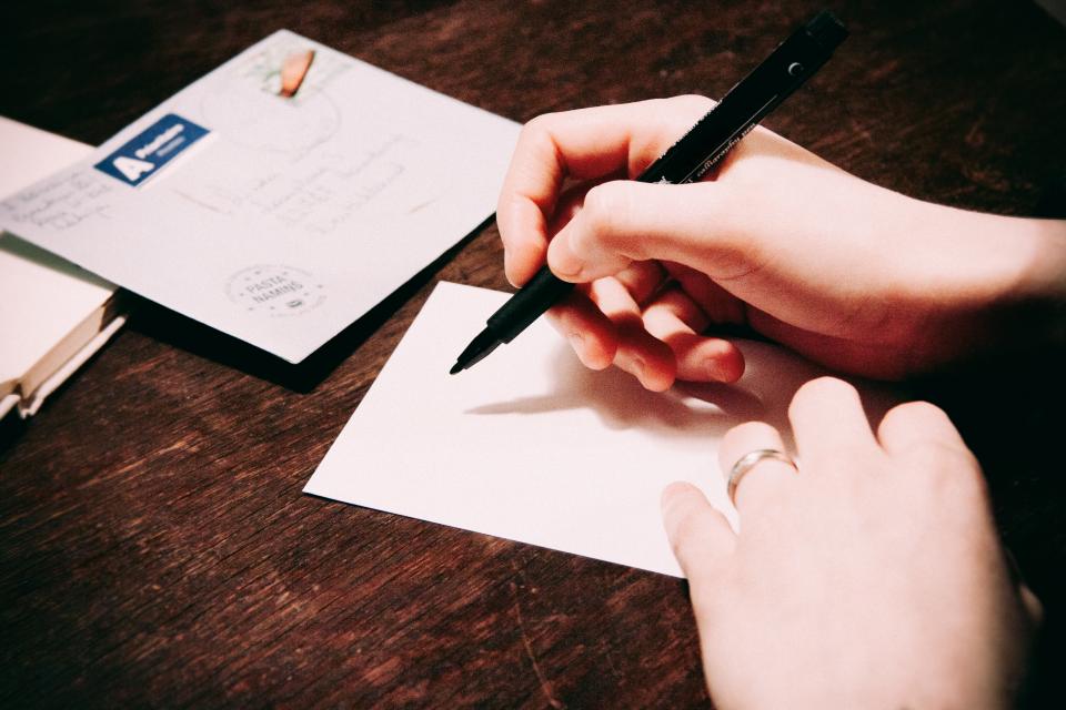 writing, postcard, letter, pen, hands