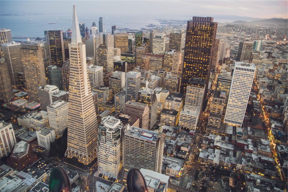 view urban towers SanFrancisco rooftops highrises downtown city buildings architecture aerial 