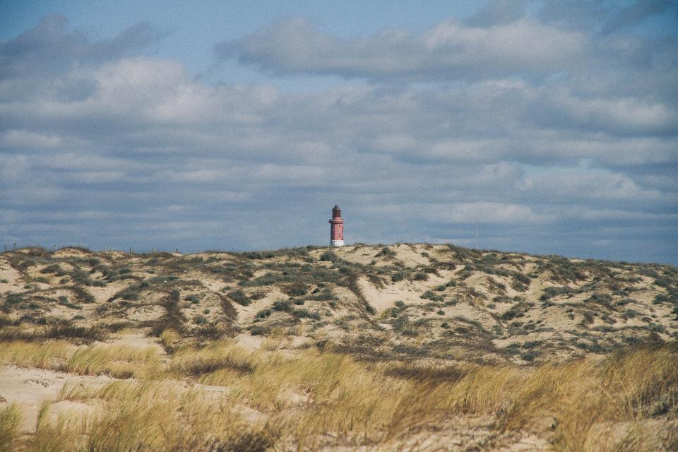 lighthouse, blue, sky, clouds, sand