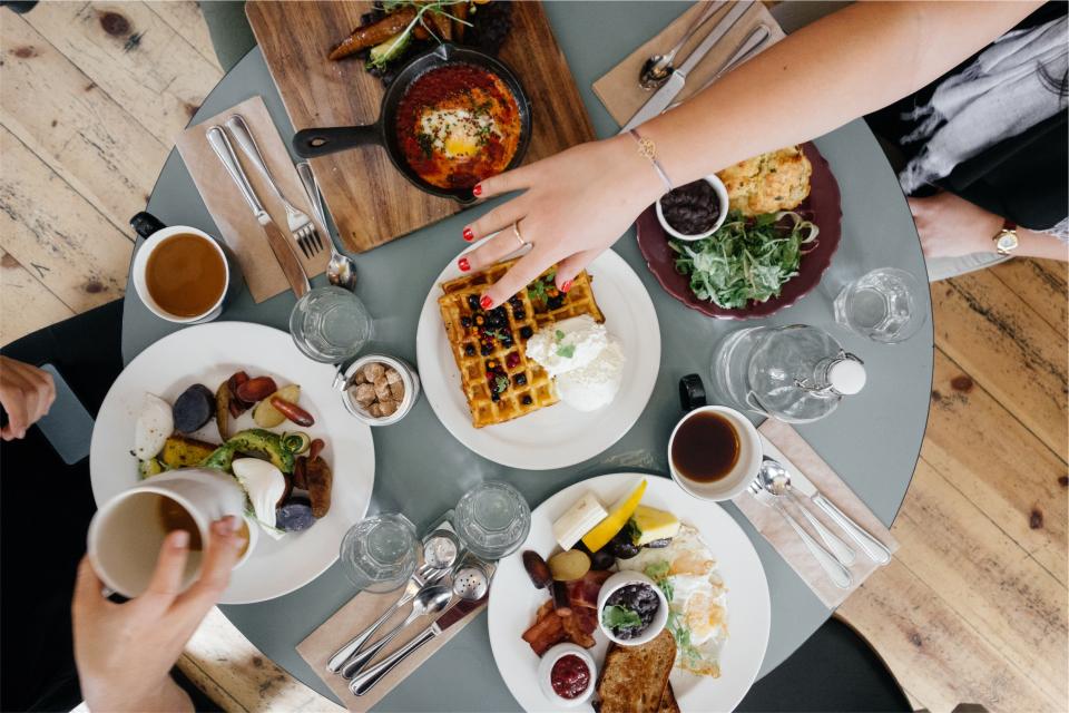 breakfast, food, waffles, eggs, bread, bacon, cheese, restaurant, table, plates
