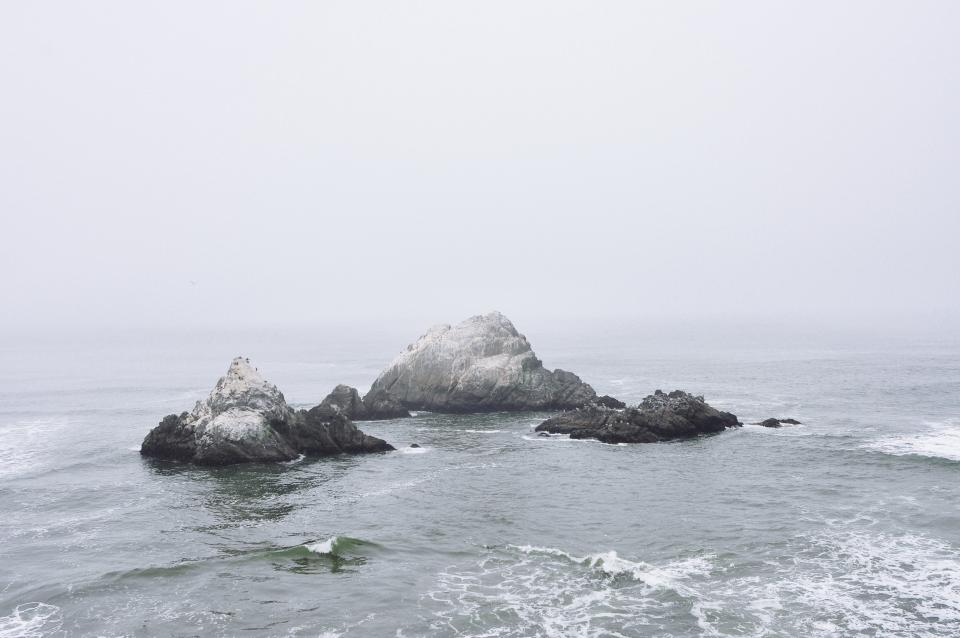 ocean, sea, water, rocks, fog, cloudy