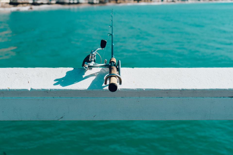 fishing, rod, pier, water, ocean, sea, sunny, summer