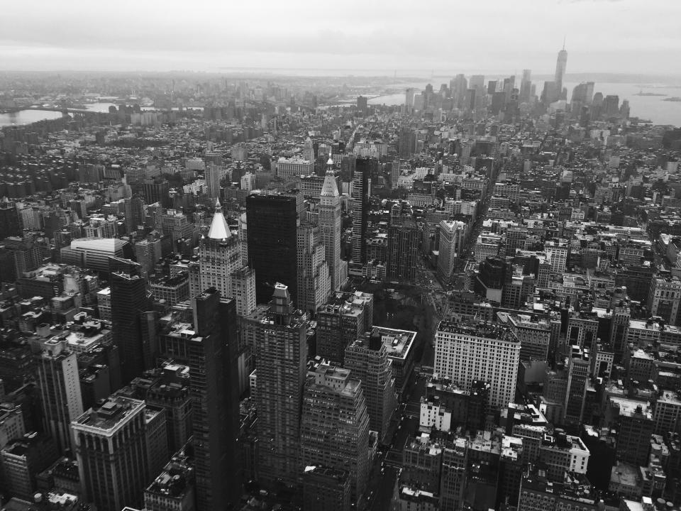view urban towers rooftops NYC NewYork downtown city buildings blackandwhite architecture aerial 