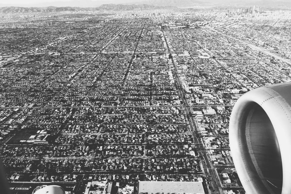 view travel transportation LosAngeles landing LA city blackandwhite airplane aerial 