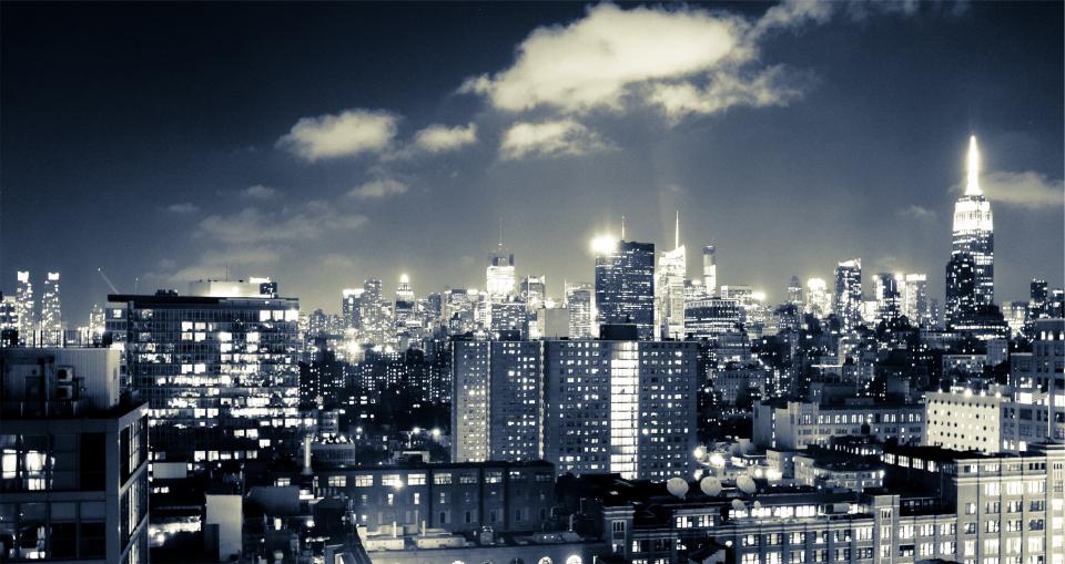 New York, skyline, night, city, urban, downtown, NYC, USA, United States, buildings, architecture, lights, towers, skyscrapers, sky, evening, dark