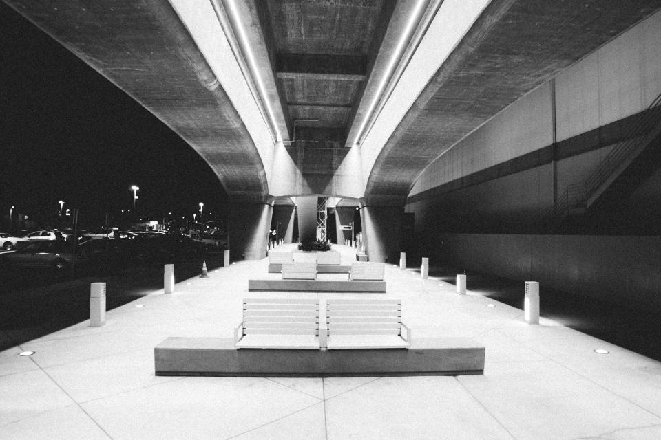 night lights evening city blackandwhite benches architecture 