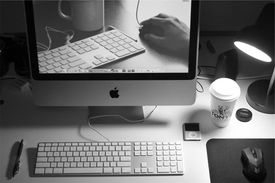 working technology pen office mouse monitor mac lamp keyboard iPod desktop desk computer coffee business blackandwhite apple 