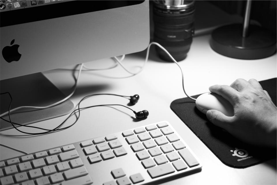 working technology office mouse monitor mac keyboard headphones earbuds desktop desk computer business blackandwhite apple 