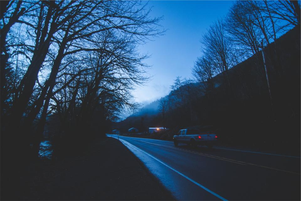 truck trees sky road night highway evening driving dark automotive 