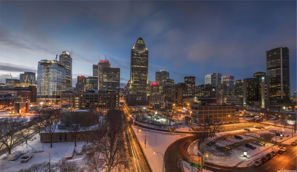 winter urban towers snow sky roads night Montreal evening city buildings architecture 