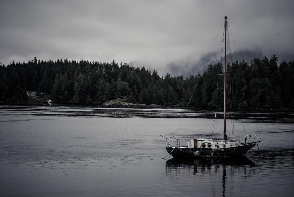 wilderness ship sea sailing outdoors lake forest fog clouds canada boat 