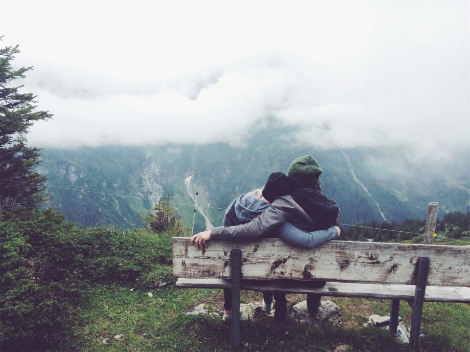 romantic romance people outdoors nature love guy girl fog cuddling couple clouds bench 