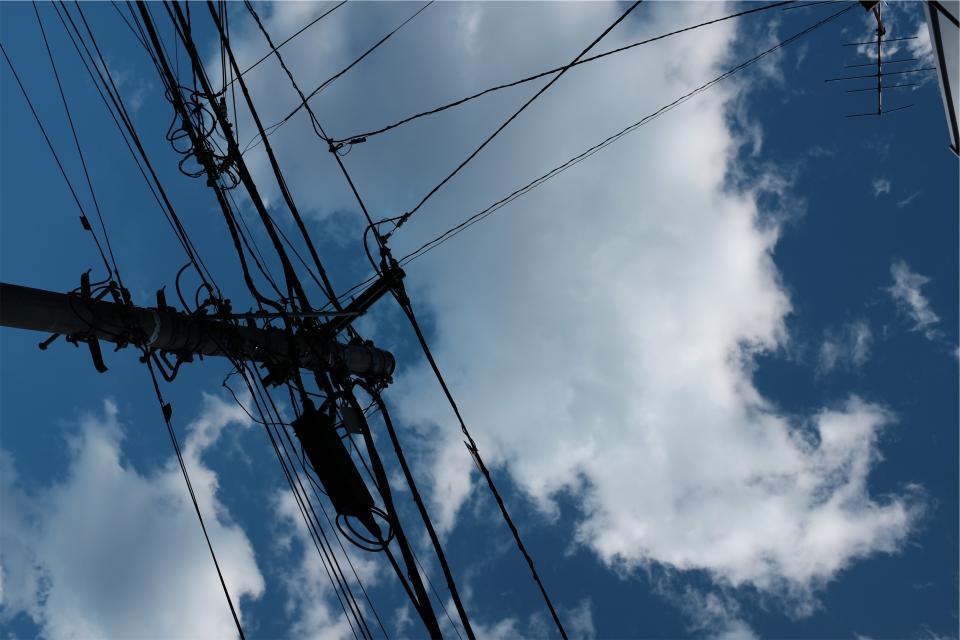 power lines, blue, sky, clouds