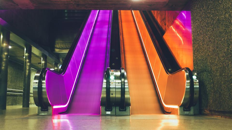 underground subway staircase oslo neon metro lights escalator 