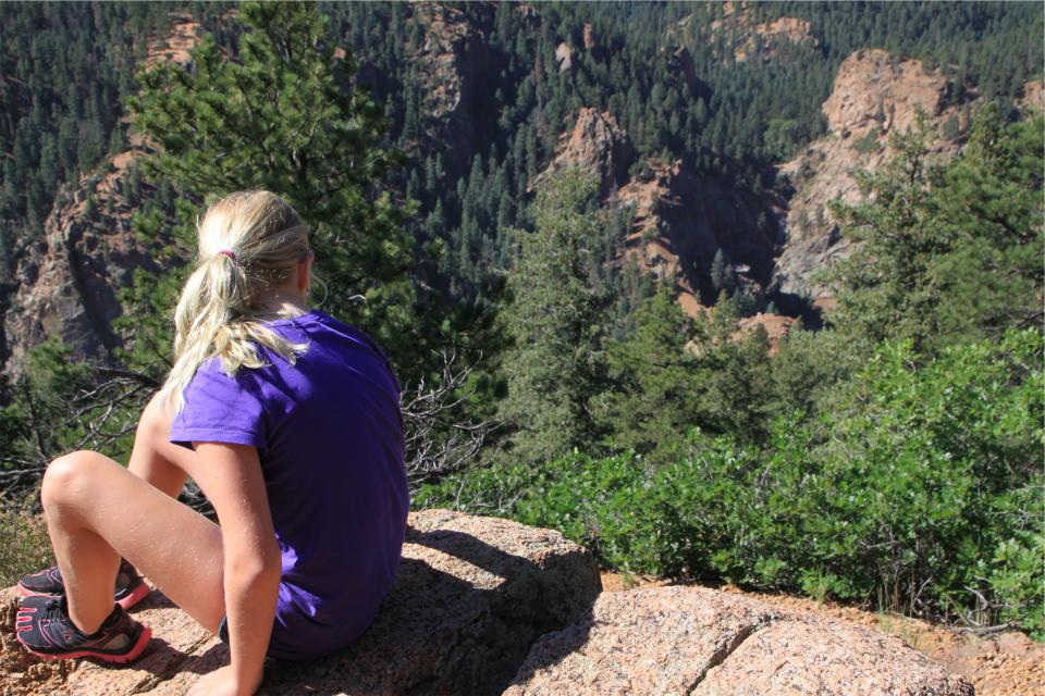 hiking, hiker, fitness, outdoors, nature, trees, cliffs, rocks, girl, blonde, ponytail, shorts, tshirt, people