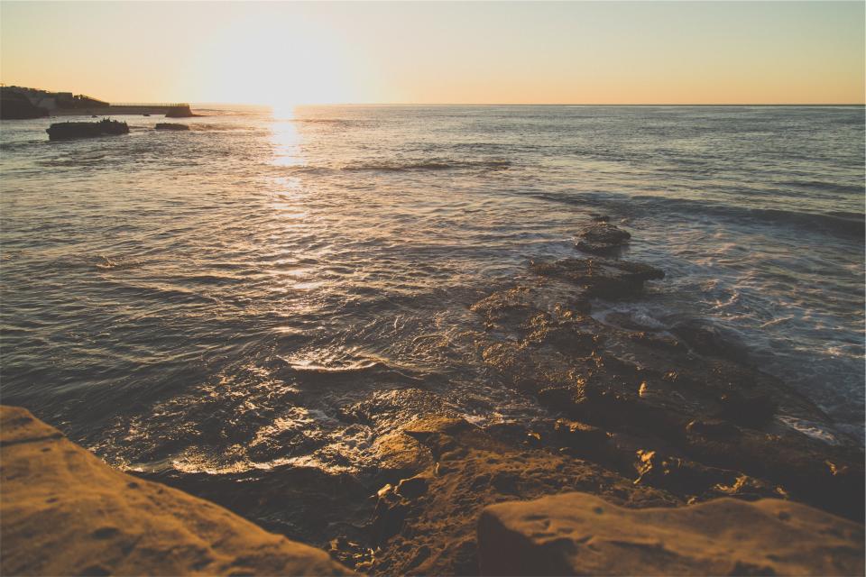sunset, beach, ocean, sea, water, waves, shore, sunshine, horizon