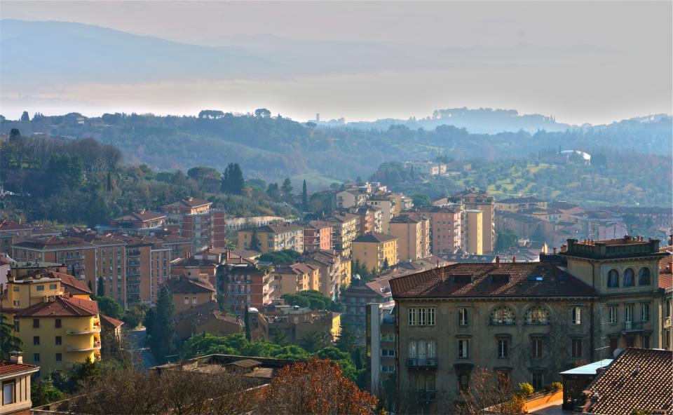 houses, city, town, hills, trees