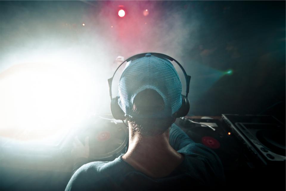 vinyl turntables spotlights show record party nightclub night music headphones DJ concert audio 