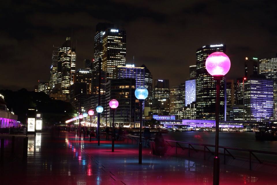 lamp posts, street, lights, buildings, architecture, city, urban, night, dark