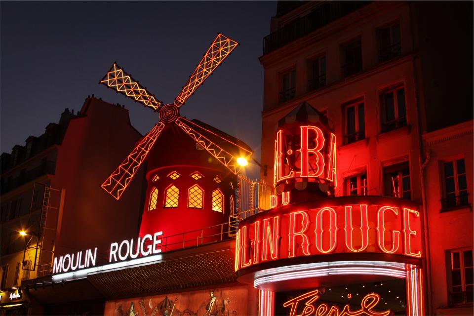 windmill signs Paris night MoulinRouge lights LED france evening entertainment dark cabaret 