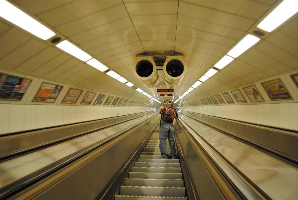 subwaystation knapsack guy escalator backpack 