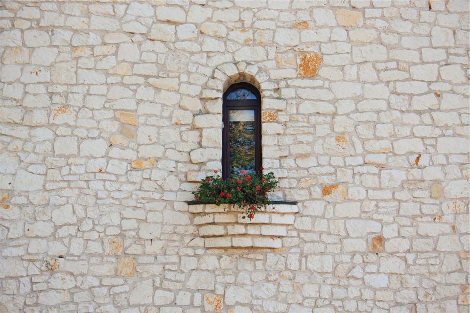 stones, wall, window, sill, flowers, architecture