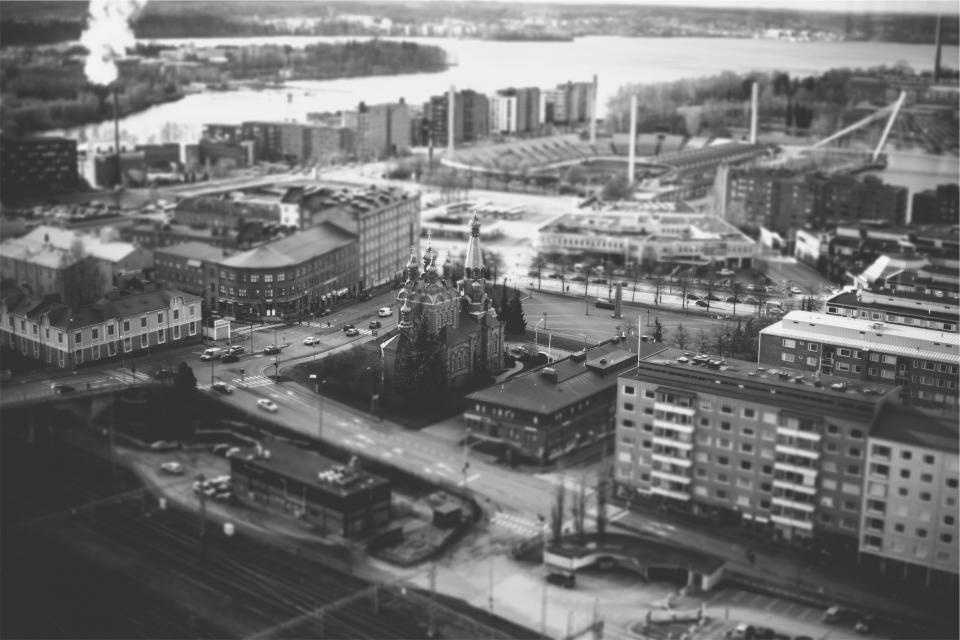 view Tampere Finland city buildings blackandwhite architecture aerial 