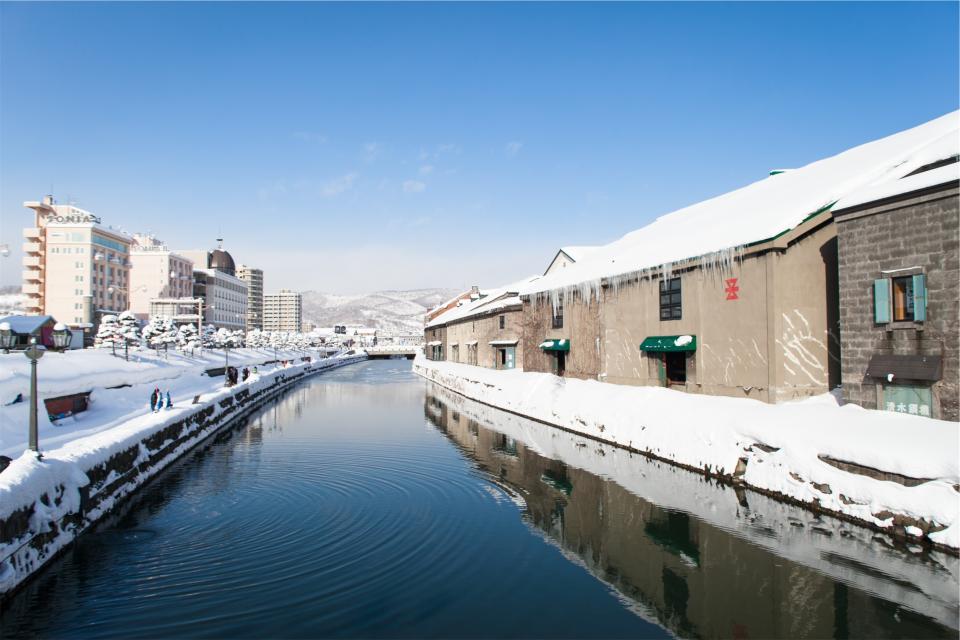 winter water snow sky canal buildings blue 
