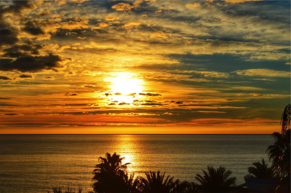 water tropical sunset sky silhouette sea palmtrees ocean horizon dusk clouds 