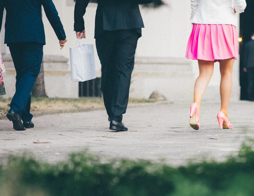 walking suits skirt shopping shoes pink people pedestrians pavement path highheels fashion bags 