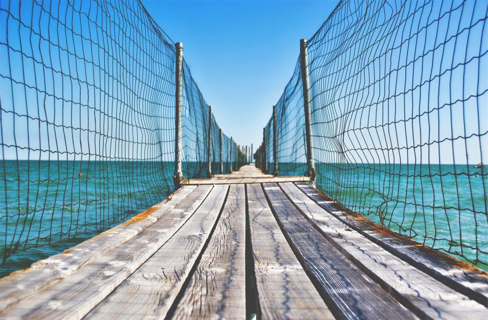 wood water sky sea planks path ocean fence Bridge blue 