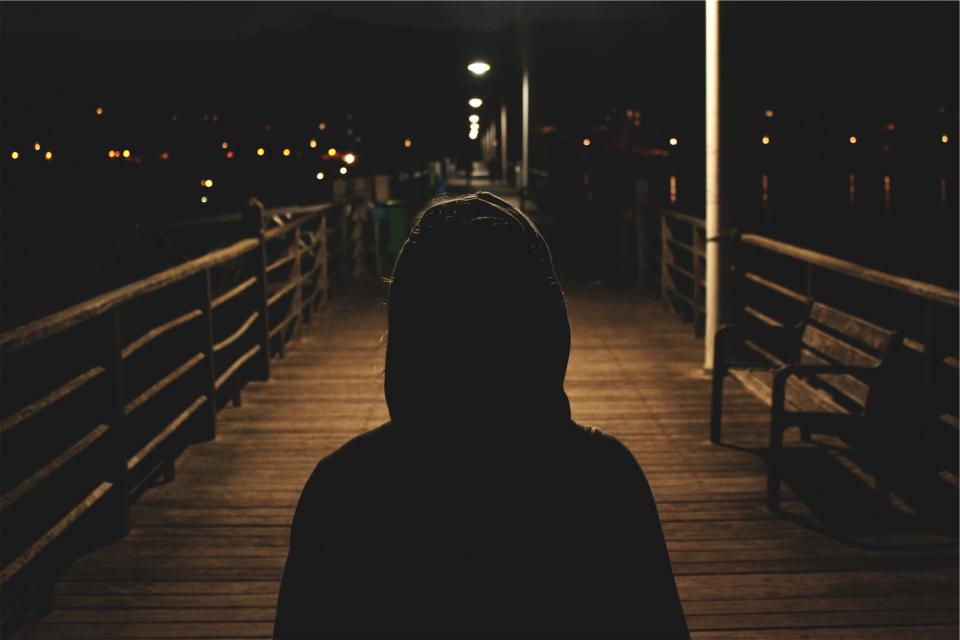 sweater shadows pier people night hoodie evening dark boardwalk 