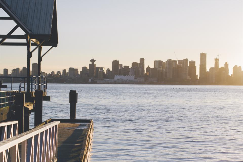 pier, dock, wood, water, lake, skyline, buildings, towers, sunset, architecture, city, urban, downtown, sunshine