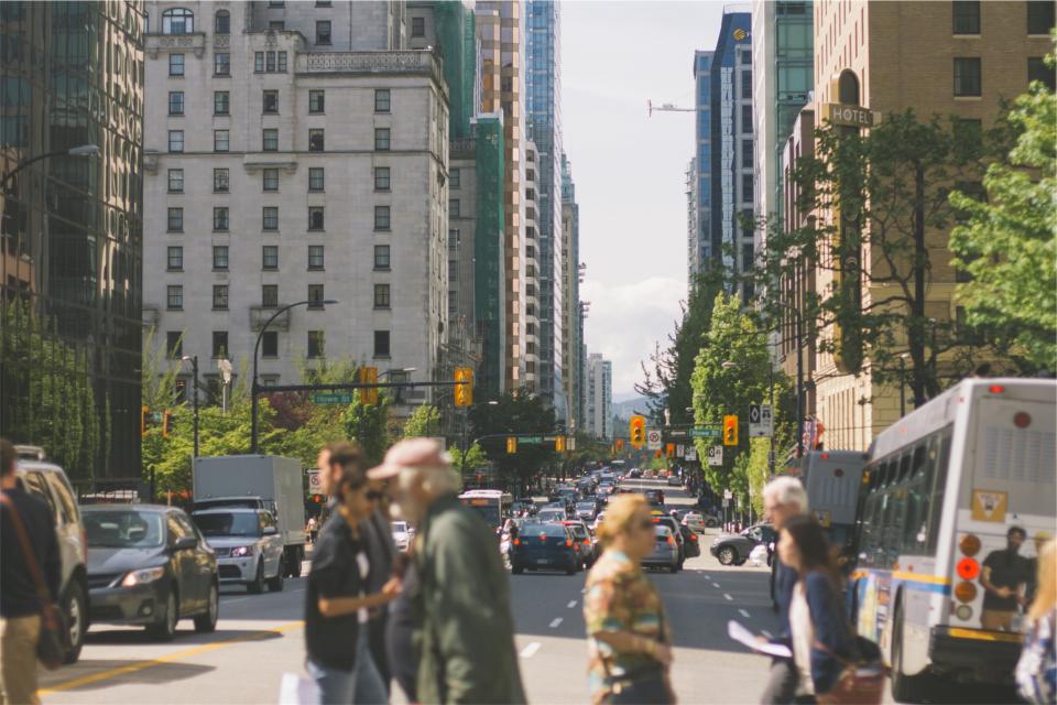 city, people, pedestrians, walking, traffic, roads, streets, trucks, cars, busses, lights, buildings, towers, downtown