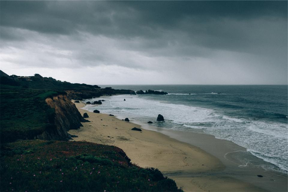 beach, sand, shore, waves, water, ocean, sea, storm, cloudy, grey, sky, coast