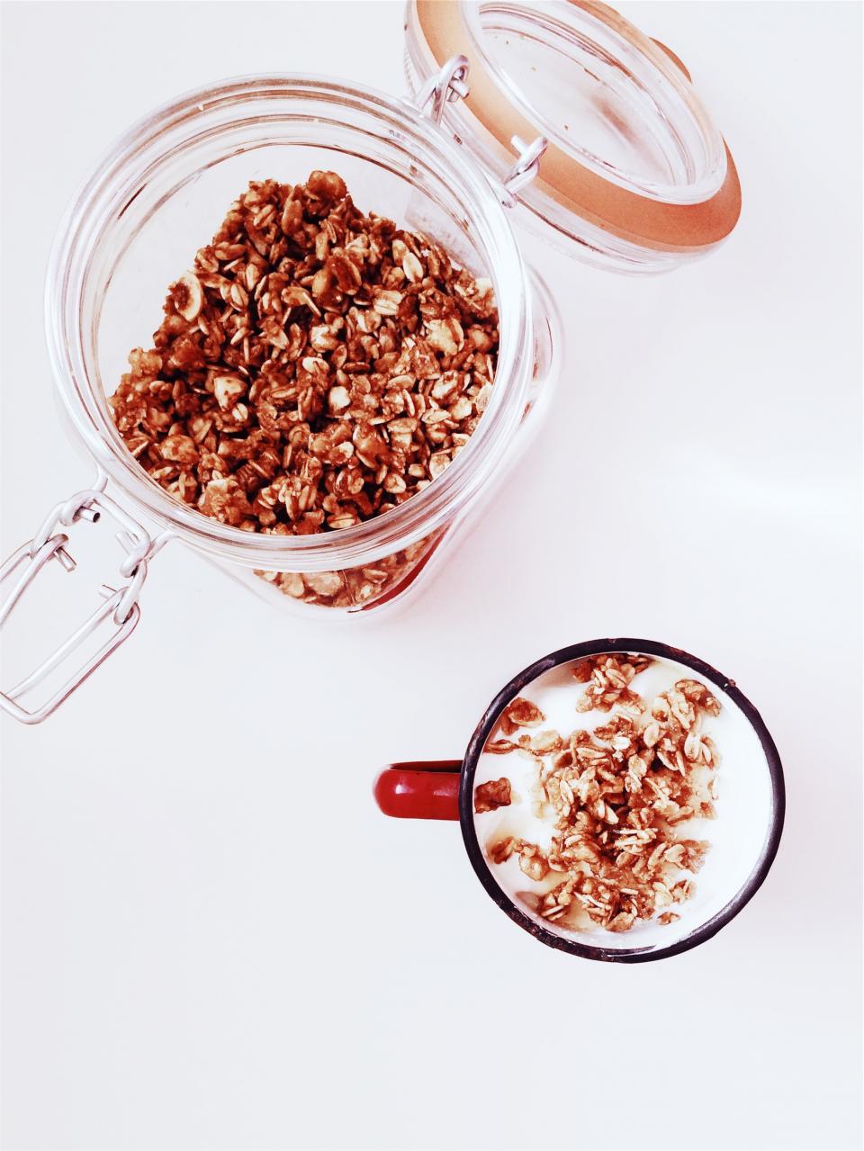 granola, milk, breakfast, cereal, cup, mug, glass jar, food